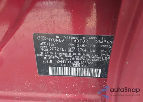 2011 Hyundai Elantra Limited (Ulsan Plant) from USA, damaged, VIN KMHDH4AE6BU153923